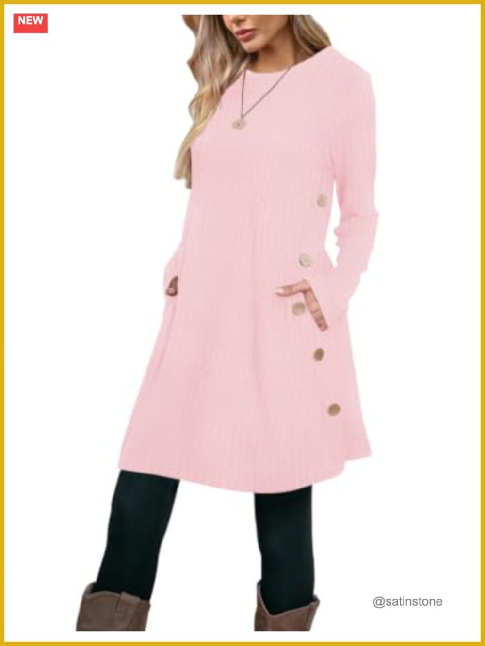 Ribbed Knit Tunic Sweater Long Sleeve Side Slit Pocket Pullover